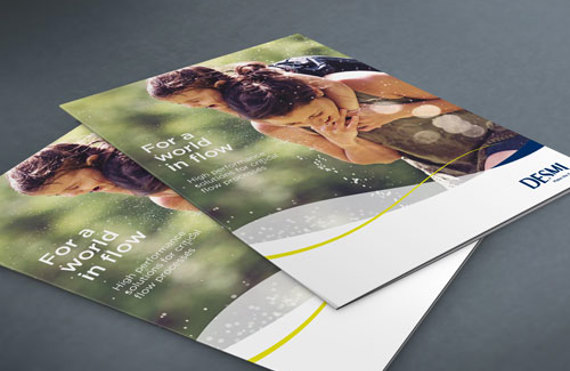 Two DESMI brochures titled "For a World in Flow" on a surface.